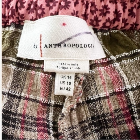 Anthropologie Plaid Floral Waistband Wide Leg Pants Pink/Brown Size 10 Cotton - Picture 9 of 10